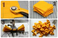 four pictures showing how to make bow ties with scissors and sewing machine, including the instructions for