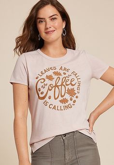 Leaves Are Falling Coffee Is Calling Classic Fit Graphic Tee | maurices Sneaker Heels Wedges, Wide Leg Jeans Cropped, Easy Stretches, Autumn Coffee, Curvy Jeans, Midi Maxi Dress, Jeans Brands, Cropped Jeans, Jeans Shop