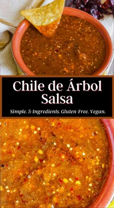 the recipe for chili de arbol salsa in a bowl