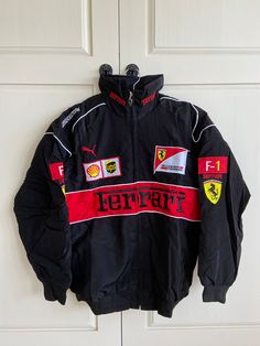 Black And Red Design, Black Ferrari, Varsity Jacket Women, Motorcycle Jacket Women, Ferrari Racing