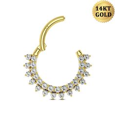 Description: Unique double row clear CZ design makes the diamond septum nose ring more elegant and exquisite, it is a great gift for your love, daughter, for a party, anniversary and so many other occasions. Safe Material: Made of 14K gold, 100% lead-free, 100% nickel-free. Hinged Segment: We made repeated tests to ensure the segment is easy to open and close, and won't fall off. Smooth Surface: High polished smooth surface, comfortable for wearing without sharp edge and no irritation to your sk Elegant Hoop Septum Ring With Prong Setting, Elegant Diamond Septum Ring With Accents, Elegant Cubic Zirconia Septum Ring With Diamond Accents, Elegant Septum Ring With Prong Setting In Cubic Zirconia, Elegant Cubic Zirconia Septum Ring With Prong Setting, Elegant Gold Septum Ring With Diamond Accents, Elegant Diamond Septum Ring For Wedding, Elegant Hypoallergenic Nose Rings For Weddings, Elegant Wedding Septum Ring With Prong Setting