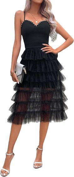 This elegant Black Tiered Ruffle Mesh Cocktail Party Dress features delicate tiers of ruffles and sheer mesh detail for a stunning and sophisticated look. The perfect choice for any cocktail party, this dress combines style and comfort with its flowing design and breathable material. Stand out and make a statement with this must-have piece. 95% Polyester, 5% Elastane Machine Wash, Dry Clean Only Note: Slightly stretchy, soft, comfortable and skin friendly Detail: Tiered layer, elegant, high wais Winter Knit Hats, Cocktail Party Dress, Boot Accessories, Winter Knits, Cami Dress, Sunglass Frames, Dress Brands, Cocktail Party, Ruffles