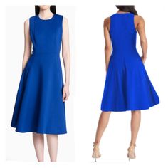 Elegant And Sleek, This Sleeveless Dress Features Scuba-Like Stretch, A Round Neck, A Circular Pull Back Zip Closure, Concealed Pockets And A Flared Silhouette. Details Scuba Pocket Fit + Flare Dress Round Neck Sleeveless Concealed Pockets Back Zip Closure + Circular Pull Flared Skirt Topstitching + Seaming Details Fit & Sizing Fits True To Size Fabric & Care Dry Clean 92% Polyester 8% Spandex Calvin Klein Blue Evening Dress, Blue A-line Midi Dress With Flattering Silhouette, Elegant Calvin Klein A-line Midi Dress, Calvin Klein A-line Party Midi Dress, Calvin Klein A-line Midi Dress For Party, Calvin Klein A-line Evening Dress, Elegant Blue Calvin Klein Dress, Blue Knee-length Sleeveless Cocktail Dress, Elegant Calvin Klein Sleeveless Midi Dress