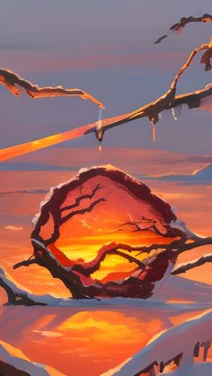 a painting of the sun setting behind a tree branch with snow on it and water in the foreground