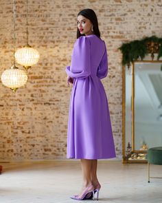 Fabric: Crepe Cotton 75%, Polyester 20%, Elastane 5% V-neck Puff sleeves Long sleeves Midi length Color: White, Purple, Black, Crimson Light Purple Dresses, Purple Dresses Formal, Sleeveless Blouse Designs, Purple Midi Dress, Lantern Sleeve Dress, Lilac Dress, Puff Sleeve Dresses, Capped Sleeve Dress, Long Sleeve Midi