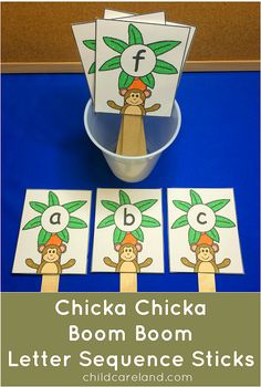 monkey themed alphabet matching cards in a cup