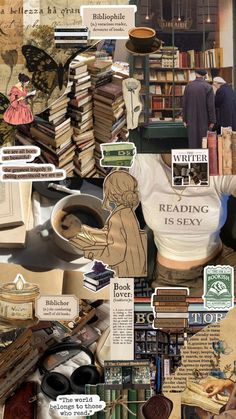 a collage of books, papers and other items