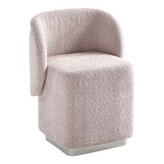 an upholstered chair with a rounded back and footrest, in light grey