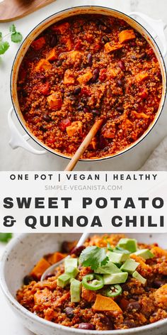 a bowl filled with sweet potato and quinoa chili