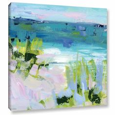 an abstract painting with blue, green and pink colors on the ocean shore canvas wall art print