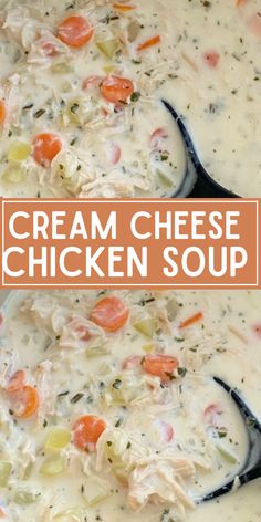 Chicken soup with cooked chicken, carrots, potatoes, in a cream cheese chicken broth base. It's a creamy chicken soup. Chicken Soup With Cream Cheese, Cheese Chicken Soup, Cream Chicken Soup, Soup With Cream Cheese, Soup With Vegetables, Chicken Carrots, Cream Chicken, Chicken Soup Recipe, Creamy Chicken Soup