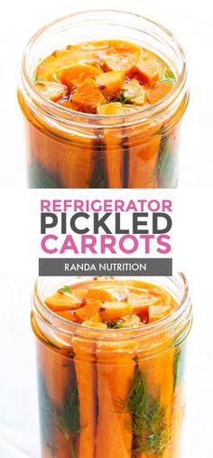 two jars filled with pickled carrots on top of a white tablecloth and the title overlay reads refrigerator pickled carrots