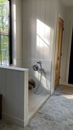 a bath room with a shower and a window