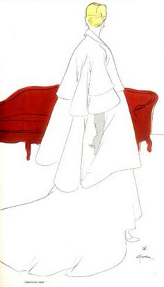 a drawing of a woman standing in front of a red couch with her back to the camera