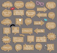 a large collection of speech bubbles with different sayings and phrases in gold foil on a gray background