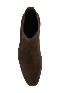 A bold, modern silhouette elevates a stylish Chelsea boot fashioned from creamy suede. Pull-on style with elastic gore insets Leather upper/textile lining/rubber sole Imported Fall High-top Suede Chelsea Boots, High Ankle Suede Chelsea Boots For Fall, Casual Suede High Ankle Chelsea Boots, Casual High Ankle Suede Chelsea Boots, Suede Boots With Rubber Sole In Medium Width, Suede Boots With Rubber Sole, Medium Width, Brown Suede High Ankle Chelsea Boots, Fall Suede Boots With Leather Lining, Suede Chelsea Boots With Rubber Heel Cap