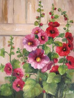 an oil painting of pink and red flowers