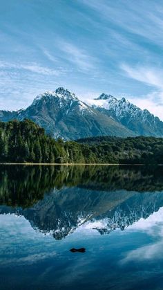 a mountain range is reflected in the still waters of a lake with trees on both sides