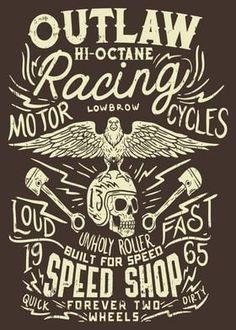 an old motorcycle poster with the words out law and skull on it's back