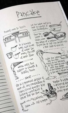 an open book with instructions on how to make pancakes and what to use them for baking