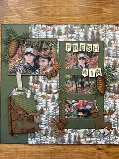 a scrapbook with photos and pine cones on it