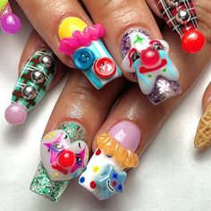 🎪 Step Right Up to the Circus! 🎭 💡 Bold, Unique & Playful Nail Art 💅 Get ready to turn heads with our Circus Clown 3D Press-On Nails! Inspired by the vibrant and whimsical energy of a carnival, this set is a true masterpiece! Each nail is designed with intricate 3D clown motifs, colorful patterns, and playful details like spirals, stripes, and polka dots. Perfect for parties, festivals, or any day you want to make a bold statement! 🎉✨ 🌟 Key Features & Highlights 🎭 Carnival-Inspired Art: Vibrant colors and fun designs bring the circus to your fingertips! ✨ 3D Embellishments: Featuring detailed clown faces, buttons, balloons, and glitter for an extra pop! 🎠 Handcrafted Perfection: Each nail is carefully handmade to ensure top-notch quality. 🎉 Long-Lasting Wear: High-quality material Clown Nails Designs, Clowncore Nails, Clown Nail Art, Nail Art Colorful, Sprinkle Nails, Nails Funky, Gothic Spider, Gothic Glamour, Crazy Nail Art