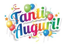 balloons and streamers with the words tanti alugri written in multicolored letters