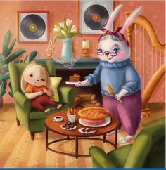 a painting of two rabbits in a living room