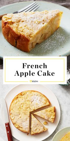 french apple cake on a plate with a slice cut out