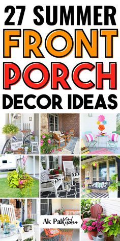 the front porch decor ideas book is open and showing pictures of chairs, tables, and flowers