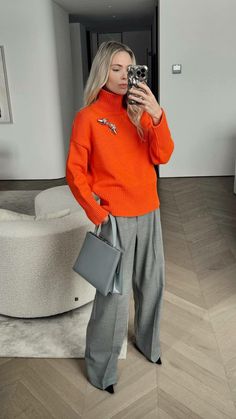 Orange Gray Outfit, October Fashion 2024, Winter Colour Outfits, Orange Sweater Dress Outfit, Orange And Grey Outfit, Orange Long Sleeve Outfit, Orange Top Outfit, Orange Sweater Outfit, Work Outfits Fall