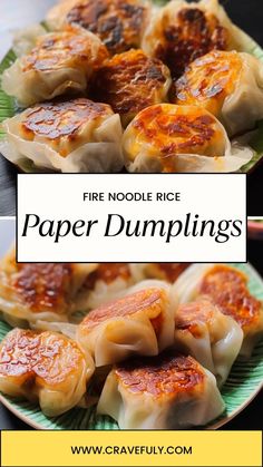 some dumplings are sitting on a plate with the words fire noodle rice paper dumpings