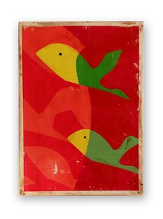 a red and yellow painting with birds on it