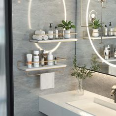 a bathroom with two sinks and shelves filled with personal care items