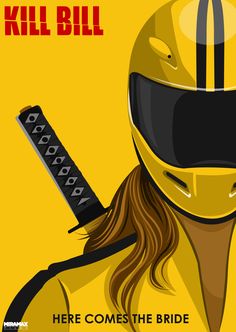 a woman wearing a helmet and holding a knife with the words kill bill on it