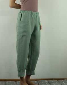 "Write the selected color in the message Women linen pants with 2 pockets in minty green color, perfect for casual wear and suitable for any occasion in any season Details: - 100% natural linen produced in Europe ; - medium weight (180 gram per square meter); - color: grayish blue, can be any from our colors catalogue (color samples at the photo); Made to order, approximately a few days, If you have any questions please message me and I will be glad to answer. Size guide : Size XS Bust: fits bus Color Catalog, Summer Wraps, Greyish Blue, Summer Linen Dresses, Linen Casual, Linen Pants Women, New Pant, Casual Skirt, Linen Women