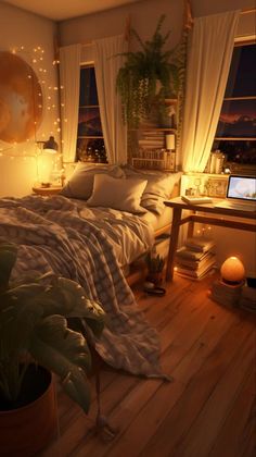 a bedroom with a bed, desk and plants in the window sill at night