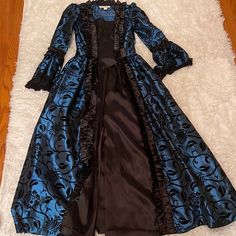 Ren Faire Marie Antoinette Georgian 18th Century Gothic Dark Fantasy Brocade Dress Vampire Theater Clothing Elegant Blue Dress For Halloween, Blue Gothic Style Dress For Fancy Dress Occasions, Blue Long Sleeve Dresses For Halloween, Blue Long Sleeve Halloween Dress, Vintage Blue Dress For Halloween, Navy Blue Victorian Dress, Dark Fantasy Dress, Gothic Long Sleeve Blue Dress, Fitted Blue Gothic Dress