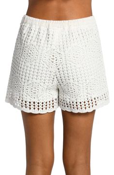 A tonal lining makes these crochet-inspired cover-up shorts opaque so you can relax by the water with full confidence. 3" inseam; 26" leg opening; 13" front rise; 13" back rise (size medium) 100% cotton Lined Hand wash, dry flat Imported Crochet Beach Shorts, Swimsuit Material, Crochet Design, Design Fabric, Beach Shorts, New Wardrobe, Crochet Designs, Drawstring Waist, Lace Shorts