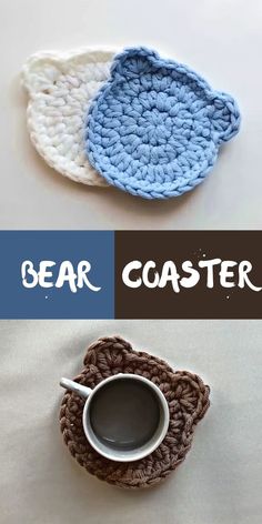 two crocheted coasters with the words bear coaster on top and below them