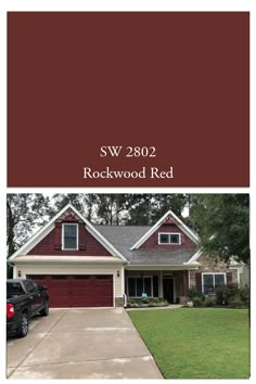 the front and side of a red house with white trim, brown roof and two cars parked