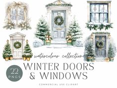 watercolor winter doors and windows clipart set with wreaths, pine trees, evergreens