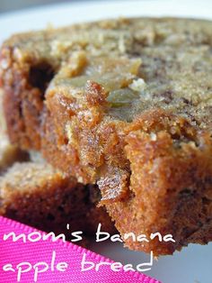 two pieces of banana apple bread on a plate with a pink ribbon around it and the words, mom's banana apple bread