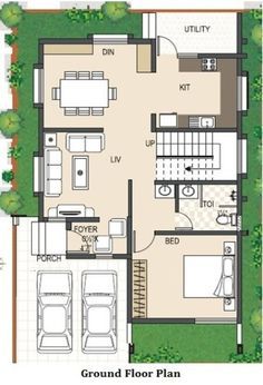 the ground plan for a two story house with an attached living room and kitchen area