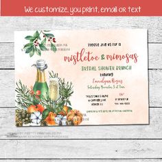 a wine bottle and pine tree themed brunch party card with the words, we customize your print email or text