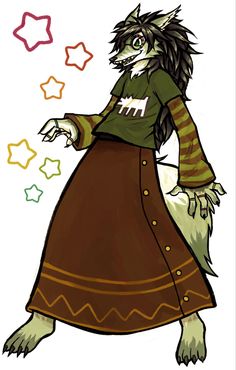 a drawing of a furry animal dressed in a skirt and sweater with stars above it