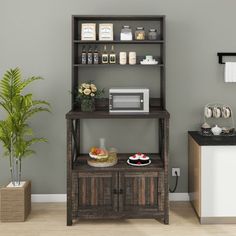 a kitchen area with a microwave, coffee maker and other items on the counter top