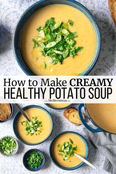 two bowls filled with creamy soup next to bread