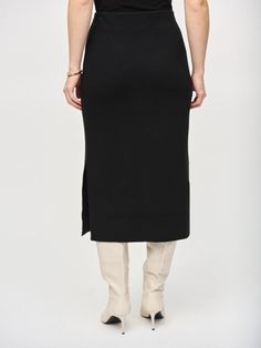 Discover an epitome of elegance with this high-rise pencil skirt from Joseph Ribkoff. Embodying the essence of minimalism, this midi-length garment features a tasteful plain pattern accentuated by a sophisticated slit. Indulge in the luxury of refinement every time you dawn this exquisite piece. Sweater Knit Skirt, Versatile Sweater, Seasonal Wardrobe, Waistcoat Dress, Knit Maxi Skirt, Knit Midi Skirt, Favorite Boots, Scarf Poncho, Viscose Rayon