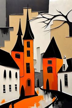 an abstract painting of orange and white buildings